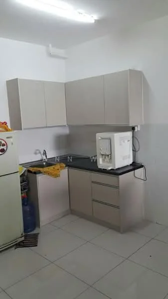 Kitchen features: light grey cabinetry, black countertop, single-bowl stainless-steel sink, chrome pull-down faucet, built-in microwave, white refrigerator, white walls, ceramic tile flooring, fluorescent ceiling lights; style: modern.