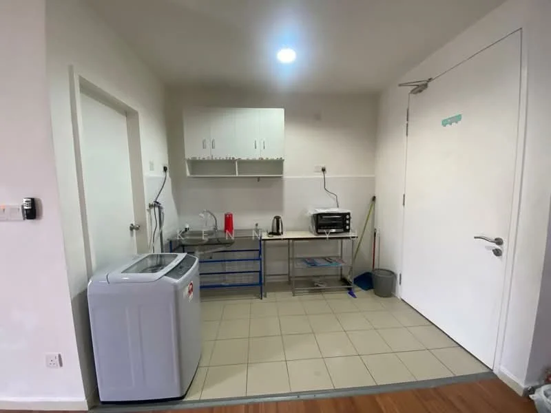 Laundry features: white walls, tile flooring, single-bowl stainless-steel sink, chrome pull-down faucet, white cabinetry, open shelving, front-load washing machine, microwave, kettle, stainless-steel toaster, metal shelving unit, cleaning supplies, door leading to hallway; style: modern.