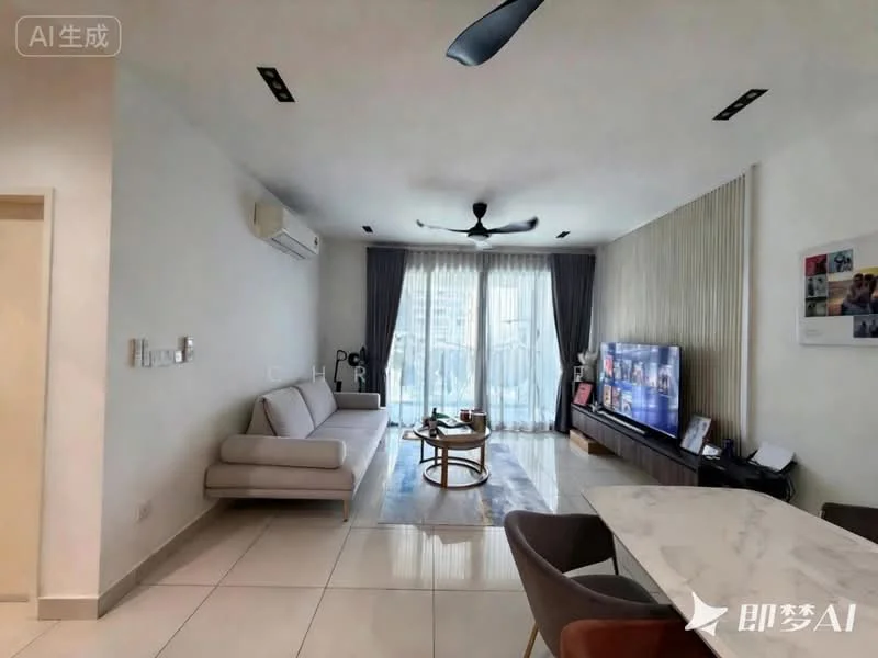 Living features: 3-seater fabric sofa in light grey, coffee table with round glass top, wall-mounted TV, TV console in dark wood, floor-to-ceiling windows with sheer curtains, white painted walls, recessed downlights, ceiling fan with light, marble tile flooring, decorative wall paneling, area rug with geometric pattern, air conditioning unit on wall; style: modern; view: city.