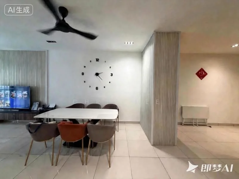 Dining features: rectangular dining table, 6 upholstered dining chairs, wall-mounted TV, ceiling fan, large wall clock, light-colored walls, tile flooring, decorative wall paneling, decorative red wall art; style: modern.