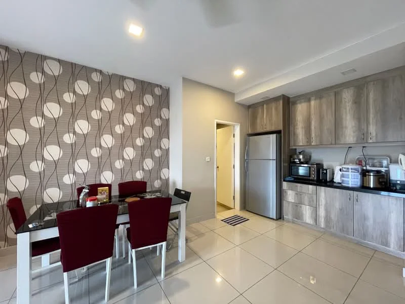Kitchen features: grey cabinetry, black countertop, stainless-steel fridge, built-in microwave, freestanding range oven, ceramic tile flooring, white walls, wallpaper with leaf pattern, dining table with 6 black chairs, recessed downlights, open shelving, kitchen appliances, sink; style: modern.