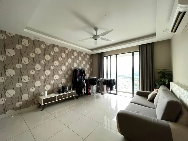 Living features: 3-seater fabric sofa in grey, coffee table, floor-to-ceiling windows, sliding glass door, curtains, ceiling fan with light, wall-mounted air conditioning unit, decorative wall with patterned wallpaper, glossy tile flooring, indoor plant, clothes drying rack; style: modern; view: city.