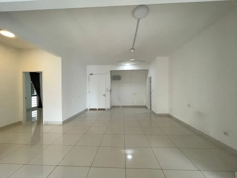 Living features: white painted walls, glossy ceramic tile flooring, ceiling fan, recessed downlights, large windows, door leading to balcony, open layout, neutral color scheme; style: modern.