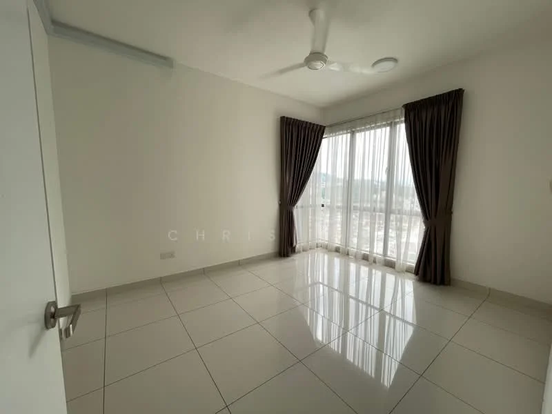 Room features: white painted walls, glossy ceramic tile flooring, floor-to-ceiling windows, sheer curtains, dark brown curtains, ceiling fan, recessed downlights; style: modern; view: mountain.