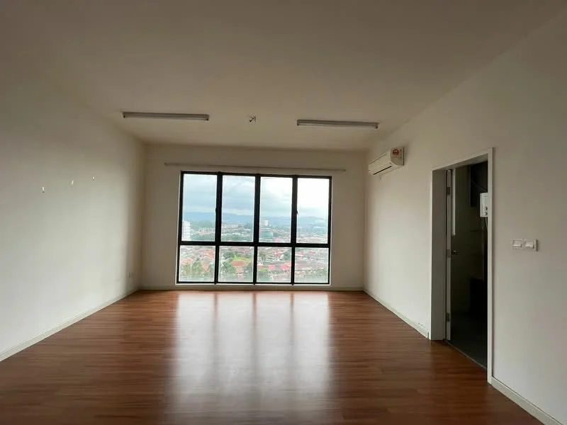 Living features: large floor-to-ceiling windows, wooden flooring, white painted walls, recessed ceiling lights, wall-mounted split AC, open layout, city view, neutral decor; style: modern; view: city. Room features: doorway leading to another room, white painted walls, neutral decor.