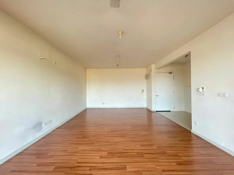 Room features: laminate flooring, white painted walls, ceiling fan, light fixtures, doorway, windows, open layout, no visible furniture.