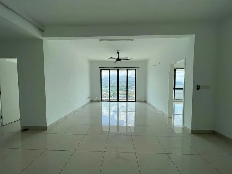 Living features: white painted walls, glossy ceramic tile flooring, 5-blade ceiling fan with light, floor-to-ceiling windows, sliding glass door, mountain view, recessed downlights; style: modern; view: mountain.