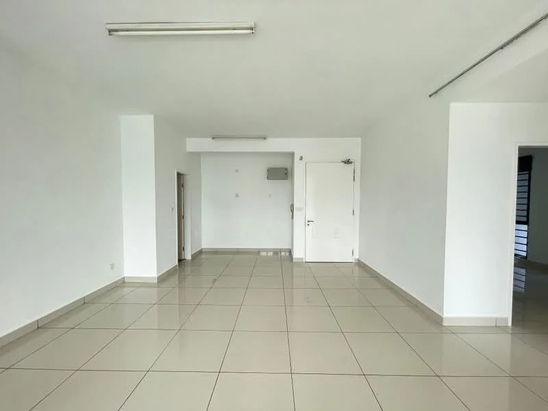 Room features: white painted walls, glossy ceramic tile flooring, recessed ceiling lights, single door, air conditioning unit, large windows, neutral color scheme, open layout; style: modern.