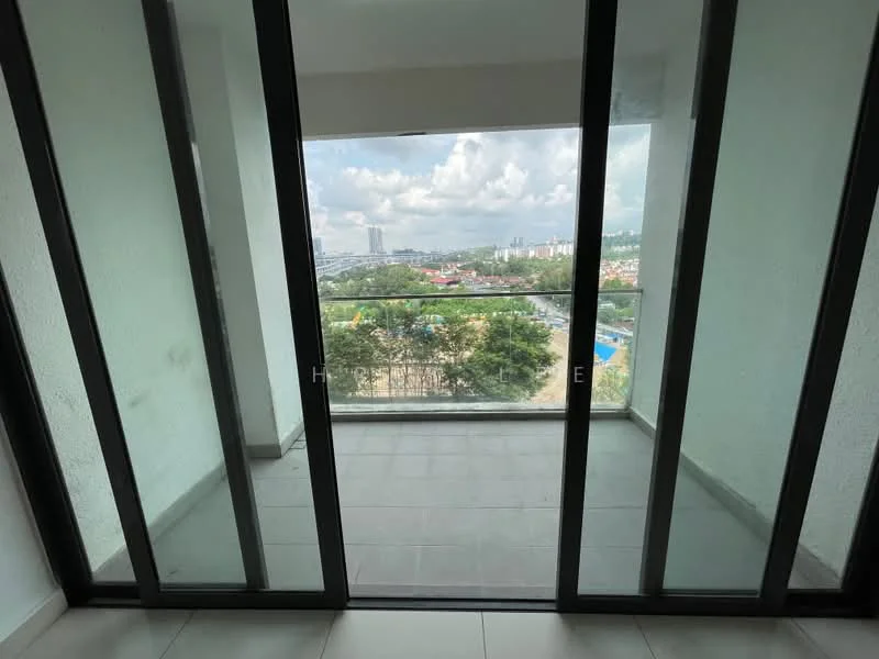 Room features: floor-to-ceiling glass sliding doors, grey tiled flooring, white painted walls, balcony view of city skyline, concrete balcony railing; style: modern; view: city.