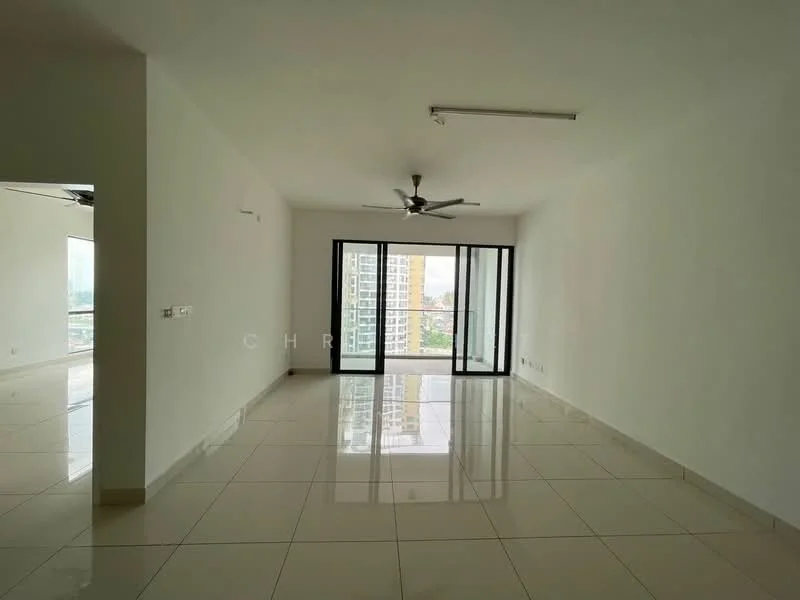 Living features: white painted walls, glossy tile flooring, 5-blade ceiling fan, floor-to-ceiling windows, sliding glass door, natural light from windows, open layout, city view; style: modern; view: city.