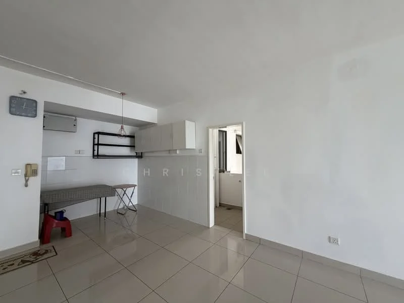 Room features: white painted walls, glossy tile flooring, ceiling with light fixture, kitchen cabinetry, open layout, window with natural light, table with folding legs, air conditioning unit; style: modern.