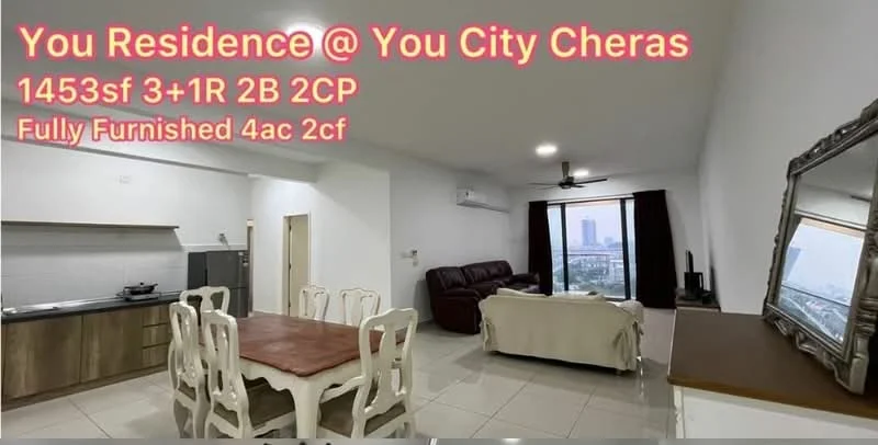 Living features: white painted walls, glossy tile flooring, 5-blade ceiling fan with light, sofa in dark brown leather, coffee table, TV console, wall-mounted TV, decorative mirror, dining table with white chairs, large window with city view; style: modern; view: city. Kitchen features: white cabinetry, granite countertop, stainless-steel sink, built-in oven, freestanding range oven, microwave, refrigerator, open shelving; style: modern.