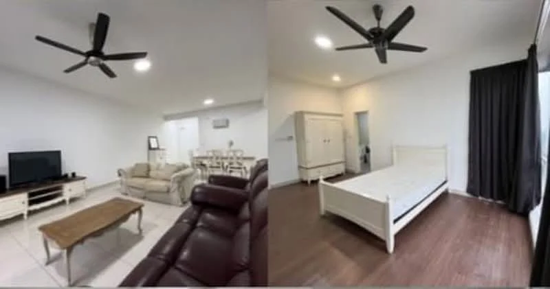 Living features: 3-seater fabric sofa in beige, 2-seater leather sofa in dark brown, wooden coffee table, wall-mounted TV, white TV console, ceiling fan with light, tile flooring, white painted walls, recessed downlights; style: modern. Bedroom features: queen-size bed frame without mattress, white wardrobe, ceiling fan, wood flooring, white painted walls, floor-to-ceiling windows with dark curtains, recessed downlights; style: modern.