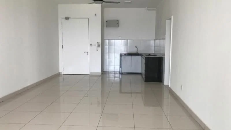 Room features: white painted walls, glossy ceramic tile flooring, ceiling fan, single-bowl stainless-steel sink, black kitchen cabinetry, grey countertop, white tiled backsplash, door leading to hallway, door leading to bathroom, window with no visible treatment; style: modern.