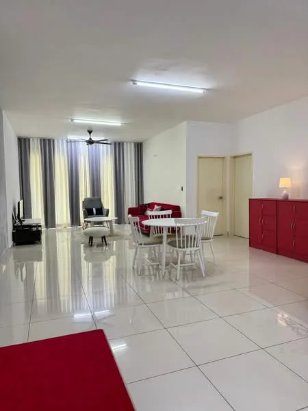 Living features: white painted walls, glossy tile flooring, 5-blade ceiling fan with light, sofa in red, coffee table, TV console, wall-mounted TV, dining table with 4 white chairs, red area rug, sideboard with drawers, curtains with vertical stripes, floor-to-ceiling windows; style: modern.