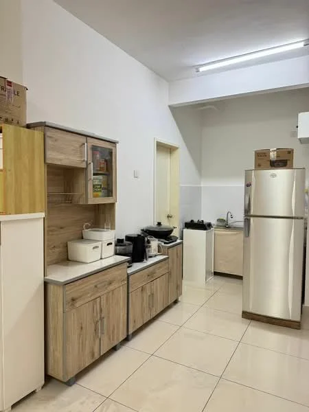 Kitchen features: light wood cabinetry, white countertop, stainless-steel fridge, built-in sink, black appliances, tile flooring, white walls, overhead lighting, open shelving, closed cabinet storage; style: modern.
