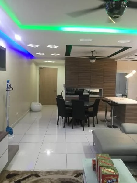 Living features: white painted walls, glossy white tile flooring, recessed downlights, 5-blade ceiling fan with light, green LED strip lighting, dining table with black chairs, sofa in light grey fabric, wooden feature wall, open kitchen layout, bar counter with stools, decorative area rug; style: modern.