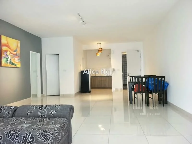 Living features: grey accent wall, white painted walls, glossy tile flooring, sofa with floral pattern, dining table with four chairs, refrigerator, open kitchen area, pendant lighting, doorway leading to other rooms; style: modern.