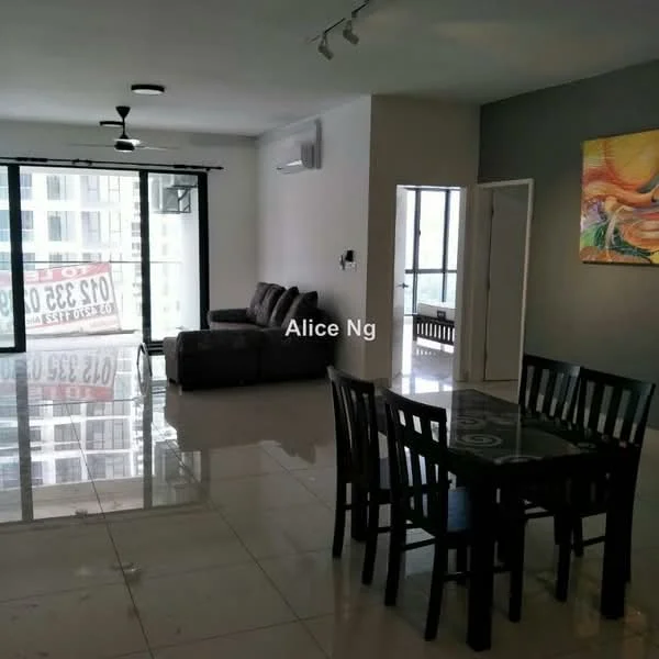 Living features: 3-seater fabric sofa in grey, coffee table, floor-to-ceiling windows, sliding glass door, marble tile flooring, ceiling fan, wall-mounted split AC, decorative painting, dining table with 4 chairs, open layout, neutral painted walls; style: modern; view: city.