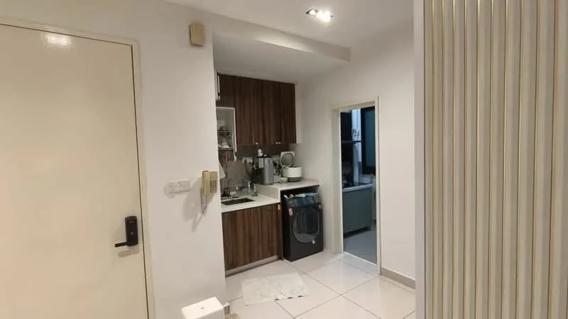 Kitchen features: white painted walls, tile flooring, wood cabinetry, black countertop, single-bowl stainless-steel sink, chrome pull-down faucet, built-in oven, freestanding washing machine, refrigerator, under-cabinet lighting, wall-mounted shelves; style: modern. Room features: white painted walls, tile flooring, door to another room.
