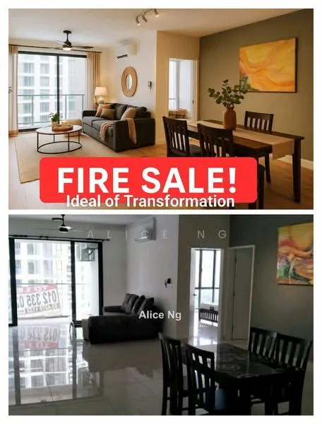 Living features: 3-seater fabric sofa in grey, coffee table, floor-to-ceiling windows, sliding glass door, light-colored walls, wooden flooring, ceiling fan, decorative wall art, round dining table, 4 dining chairs; style: modern; view: city.