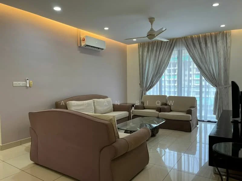 Living features: cream fabric sofa, 2-seater beige sofa, glass coffee table, wall-mounted TV, floor-to-ceiling windows, sheer curtains, recessed LED downlights, 1 wall-mounted split AC, glossy tile flooring, decorative wall with warm lighting; style: modern; view: city.