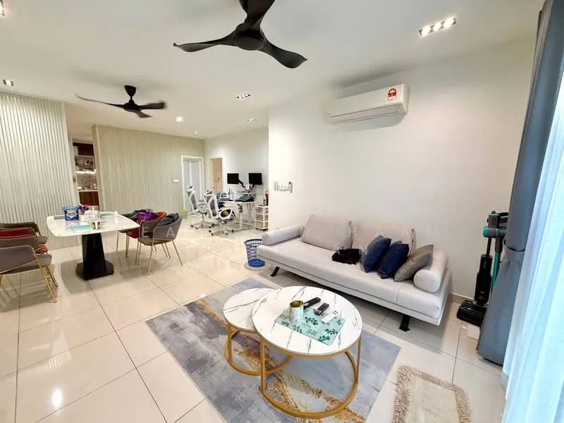 Living features: 3-seater fabric sofa in light grey, decorative cushions in various colors, 2 round coffee tables with glass tops, area rug with geometric pattern, wall-mounted split AC, 5-blade ceiling fan, recessed downlights, large windows with sheer curtains, TV console, wall-mounted TV; style: modern. Dining features: 6-seater dining table with black chairs, white tabletop, gold accents on chairs, decorative centerpiece, open layout to living area; style: modern.