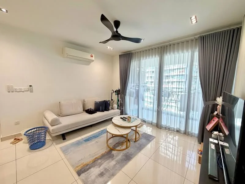 Living features: 3-seater fabric sofa in light grey, ceiling fan with integrated light, floor-to-ceiling windows, sheer curtains, grey curtains, white walls, polished ceramic tile flooring, round coffee table with gold base, area rug with abstract pattern, wall-mounted TV, air conditioning unit; style: modern.