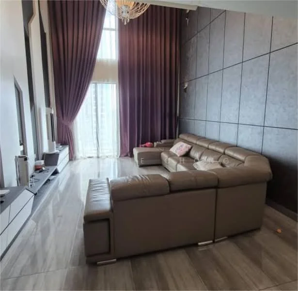 Living features: 3-seater leather sofa in beige, chandelier, floor-to-ceiling windows, purple curtains, wall-mounted TV, entertainment unit, light grey marble tile flooring, decorative wall panels, area rug, coffee table; style: modern; view: city.