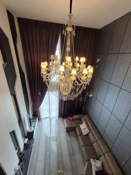 Living features: chandelier with multiple lights, floor-to-ceiling windows, dark purple curtains, grey accent wall with paneling, light grey polished tile flooring, beige leather sofa, decorative throw pillows, fireplace, coffee table, area rug; style: modern.