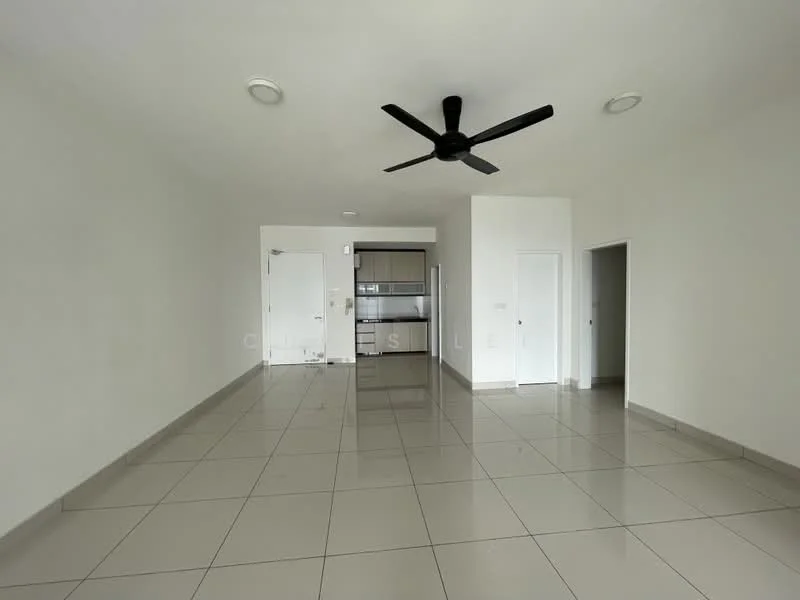 Living features: white painted walls, glossy ceramic tile flooring, 5-blade ceiling fan, recessed downlights, open layout, large windows, neutral color scheme, kitchen area visible in background; style: modern.