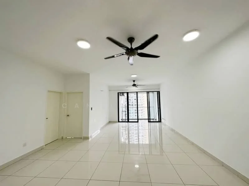 Living features: white painted walls, glossy ceramic tile flooring, 5-blade ceiling fan with light, recessed LED downlights, floor-to-ceiling windows, sliding glass door, natural light from windows, open layout; style: modern; view: city.