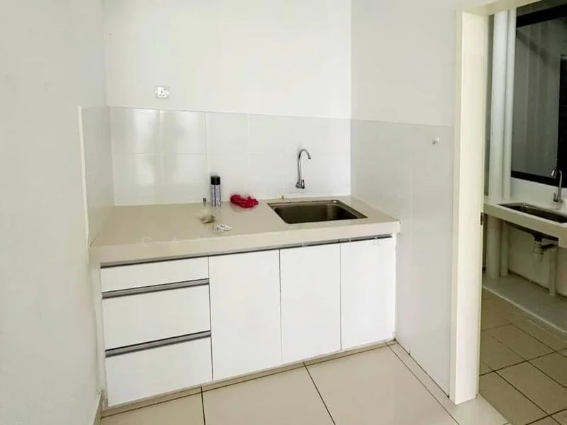 Kitchen features: single-bowl stainless-steel sink, chrome pull-down faucet, laminate countertop, white cabinetry, drawer storage, tile backsplash, ceramic tile flooring, wall-mounted electrical outlet; style: modern.