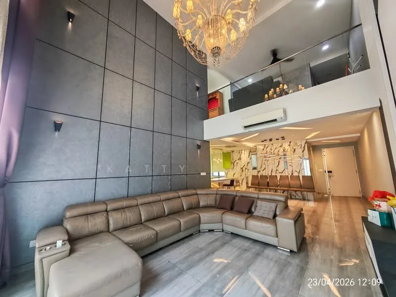 Living features: L-shape sectional sofa in beige, chandelier, grey accent wall, recessed downlights, marble tile flooring, floor-to-ceiling windows, curtains in dark grey, open layout to dining area; style: modern.