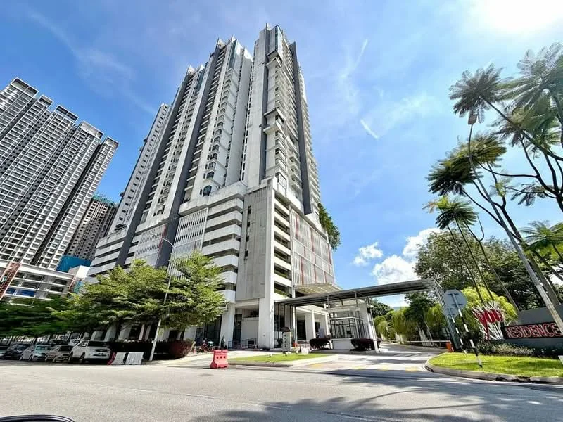 Exterior type: high-rise condominium; features: glass curtain wall, white painted facade, recessed balconies, landscaped entrance, palm trees in foreground, manicured lawn, security guard house at entrance, multi-storey car park, double-volume main lobby, feature water wall, surrounded by mature greenery; style: modern.