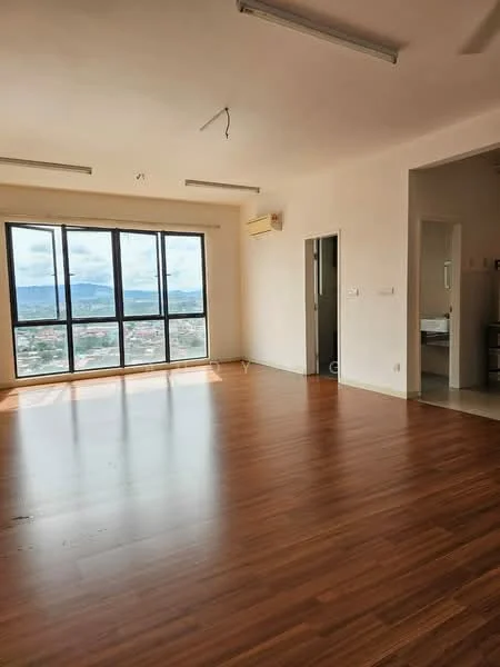 Living features: laminate wood flooring, floor-to-ceiling windows, city view, 1 wall-mounted split AC, neutral painted walls, recessed ceiling lights, open layout, access door to hallway, access door to bedroom, natural light; style: modern; view: city.