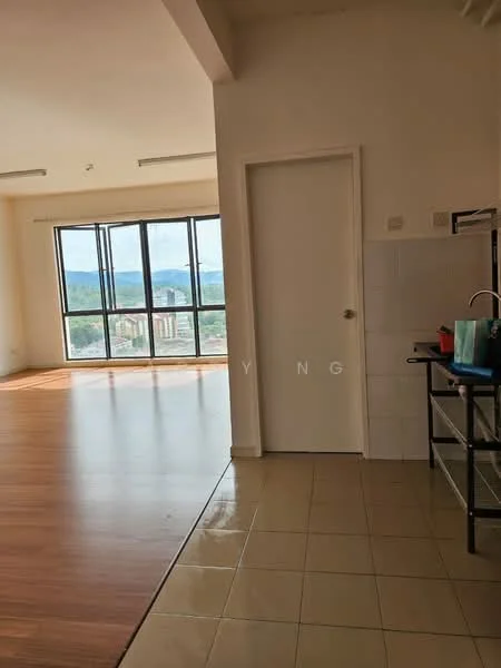 Room features: large floor-to-ceiling windows, city view, wooden flooring, white walls, tile flooring, door to another room, kitchen cabinetry, countertop, open layout; style: modern; view: city.