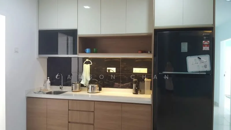 Kitchen features: white upper cabinets, wood lower cabinets, black backsplash, white countertop, stainless-steel sink, chrome pull-down faucet, built-in oven, stainless-steel fridge, kettle, coffee machine, wall-mounted cabinet, under-cabinet lighting; style: modern.