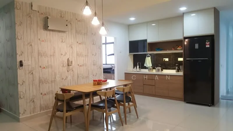 Dining features: dining table with 6 wooden chairs, pendant lighting with 3 bulbs, white walls with decorative wallpaper, grey tiled flooring, built-in kitchen cabinetry in wood, black refrigerator, stainless-steel sink, kitchen countertop with dark wood finish, microwave, wall-mounted air conditioning unit, open layout connecting to kitchen; style: modern.