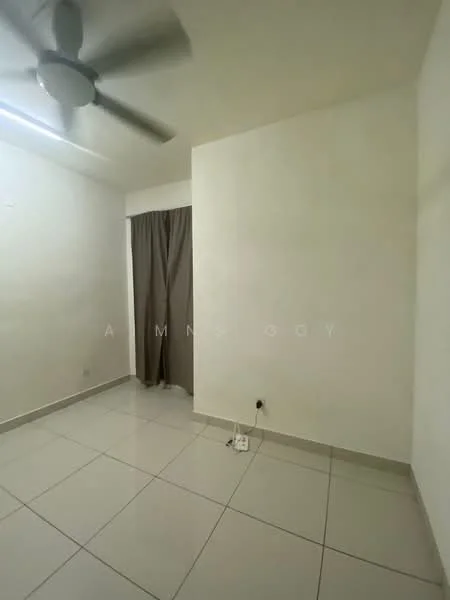 Room features: white painted walls, plain ceiling, ceiling fan, large window with curtain, tile flooring, power outlet on wall; style: modern.