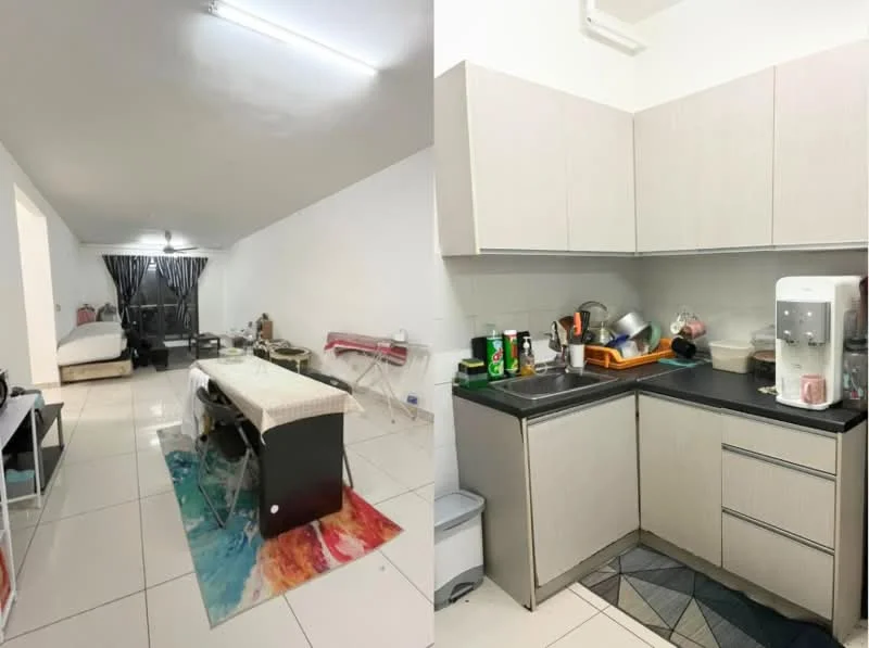 Living features: white painted walls, tile flooring, ceiling lights, sofa, dining table, area rug, bed, curtains. Kitchen features: light wood cabinetry, black countertop, sink, kettle, dish rack, various kitchen utensils, tile backsplash, floor mat.