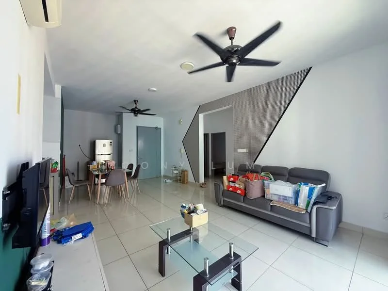 Living features: grey fabric sofa, glass coffee table, wall-mounted TV, dining table with chairs, white painted walls, tile flooring, ceiling fan, recessed downlights, decorative wall with geometric pattern, open layout to kitchen, air conditioning unit; style: modern.
