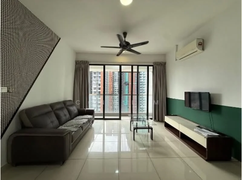 Living features: 3-seater fabric sofa in grey, glass coffee table, wall-mounted TV, white TV console, green accent wall, white painted walls, floor-to-ceiling windows, curtains, ceiling fan with light, polished tile flooring, air conditioning unit; style: modern; view: city.