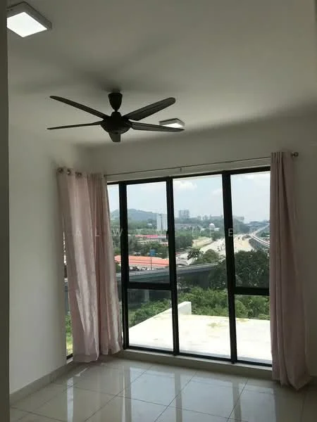 Room features: floor-to-ceiling windows, sliding glass door, 5-blade ceiling fan with light, white painted walls, cream curtains, glossy tile flooring, mountain view, city view; style: modern; view: city.