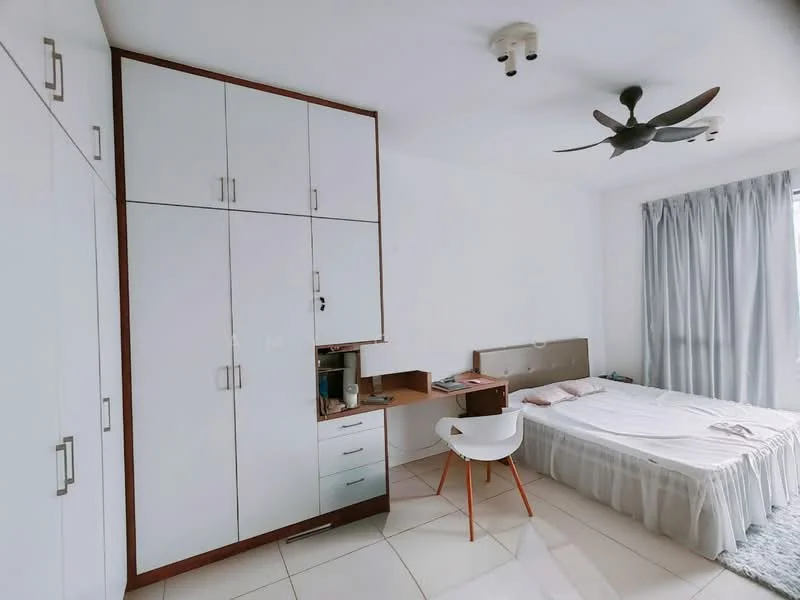 Bedroom features: white painted walls, white ceiling, 5-blade ceiling fan with light, built-in wardrobe with white doors, study desk with chair, queen-size bed with light bedding, curtains in light grey, tile flooring; style: modern.