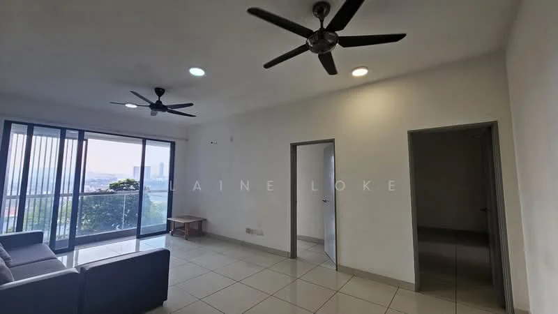 Living features: grey fabric sofa, 2 ceiling fans, floor-to-ceiling windows, sliding glass door, white painted walls, tile flooring, recessed downlights, small wooden coffee table; style: modern; view: city. Room features: white painted walls, tile flooring, doorway leading to another room.