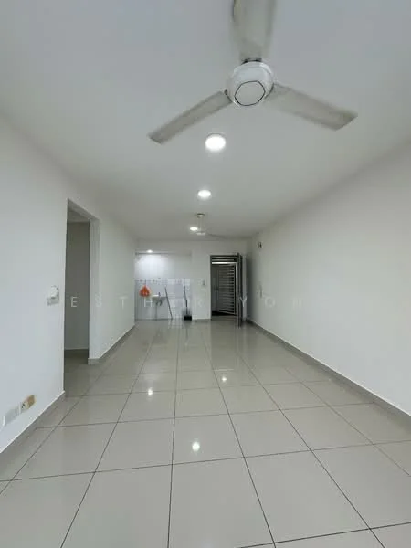 Room features: white painted walls, glossy ceramic tile flooring, 5-blade ceiling fan, recessed LED downlights, open layout, large windows, neutral color scheme, kitchen area visible in background; style: modern.