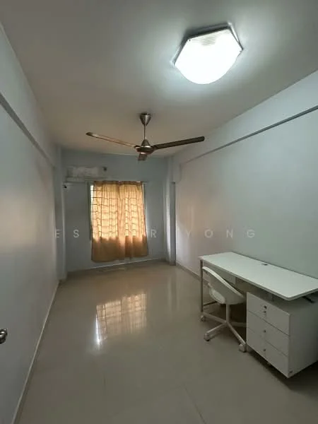 Room features: white painted walls, glossy tile flooring, ceiling light fixture, 5-blade ceiling fan, window with sheer curtains, study desk with drawers, white chair; style: minimalist.