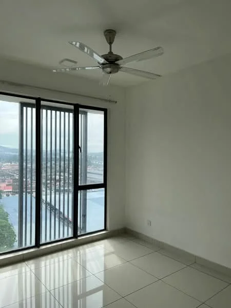 Room features: floor-to-ceiling windows, sliding glass door, 5-blade ceiling fan with light, white painted walls, glossy ceramic tile flooring, city view, natural light from windows; style: modern; view: city.