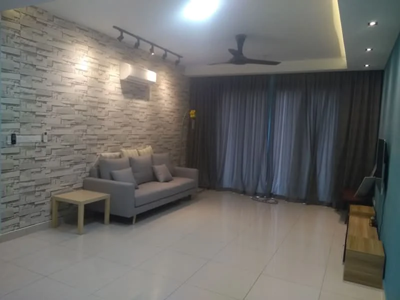 Living features: grey fabric sofa, wooden side table, wall-mounted TV, stone accent wall, recessed lighting, ceiling fan, floor-to-ceiling windows with sheer curtains, white tiled flooring, decorative wall lighting; style: modern.